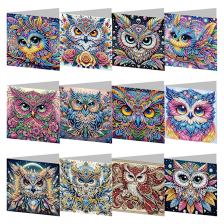 6/12stk/sæt DIY Diamantmaleri Nye 2024 Julekort Festival Hilsenkort Håndlavet Diamantbroderi Malerisæt 12PCS Owl Set