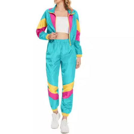 Färgglad 2-delad vindjacka för damer, långärmad crop top med dragkedja fram och träningsset