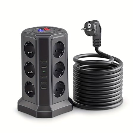 Skjøteledningstårn med USB-porter 1,8 m 18W USB C Hurtiglader 13A 3250W 5 USB-porter 12-veis Tårn Overspenningsbeskyttet med Bryter for Hjemmekontor