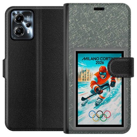 Yhteensopiva Lompakkokotelo Motorola Moto G13 Curlingkuvitus pelaajilla ja kivillä jäällä, Milano Cortina 2026, lumisia roiskeita ja olympiasormukset