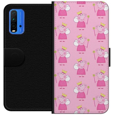 Kompatibelt Lommeboketui til Xiaomi Redmi Note 9 4G Greta Gris og Peppa Pig med dinosaurer og dyr, leken tegnet barnekunst på blå bakgrunn