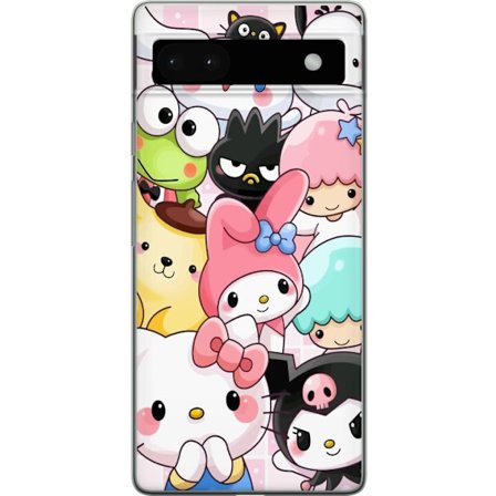 Kompatibelt Mobildeksel til Google Pixel 6a Tett mønster av søte figurer med store øyne i ulike farger og uttrykk med LABUBU-tekst