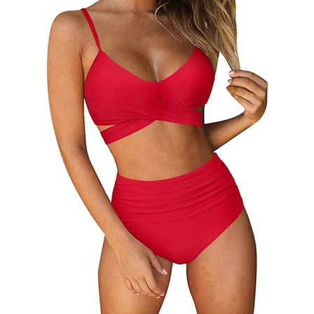 Dame Criss Cross Push Up Badedrakt Topper Magekontroll Halter Bikini Høy Livet Badetøy Todelt