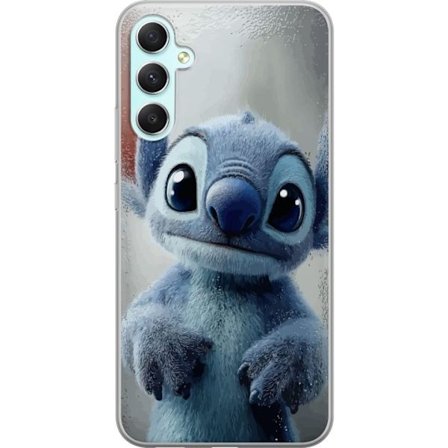 Kompatibelt Mobildeksel til Samsung Galaxy A34 Stitch mot vindu i regn realistisk søt blå karakter koselig regnfullt vindu sjarmerende myk kunst desig