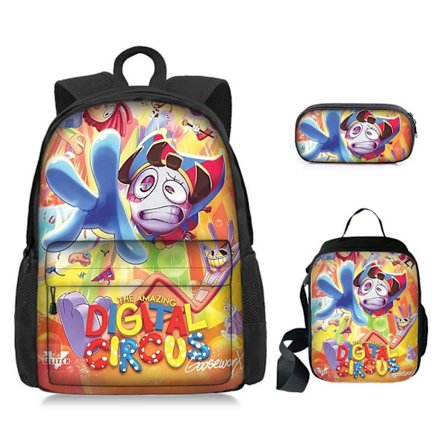 Gränsöverskridande Digital Amazing Circus Student School Bag med Front Bag Ryggsäck Endelager Pen Bag Termisk Lunch Bag Set med Tre