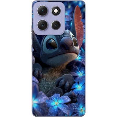 Kompatibel Mobilcover til Motorola Moto G86 Power Stitch i en blå blomsterbed med bløde farver og drømmende Disney-følelse, hvor Stitch sidder omgivet