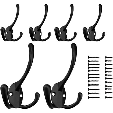 6-pack väggkrokar, 6-pack väggkrokar med 24 skruvar, tungt