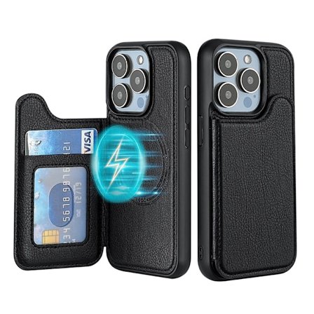Kotelo iPhone 15:lle, musta nahkainen magneettikorttikotelolompakko