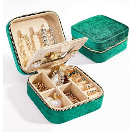 Rejse Smykkeskrin i Velour med Spejl, Mini Gaveæske, Små Bærbare Organizer Æsker til Ringe Øreringe Halskæder - Grøn