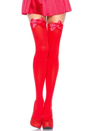 Nylon Thigh Highs With Bow Red Onesize - Woome.pl