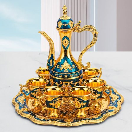 Vintage tyrkisk te-sæt i metal med 6 dele - kaffekande i ottomansk stil med bakke, tekopper og serveringstilbehør til hjemmebar eller teselskab