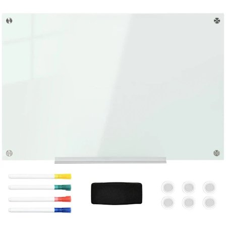 Rootz Glas Whiteboard - Memo Board - Whiteboard - 4 kuglepenne - 6 magneter - 1 svamp - 1 hylde - Kontorartikler - Hvid - 90L x 60W cm