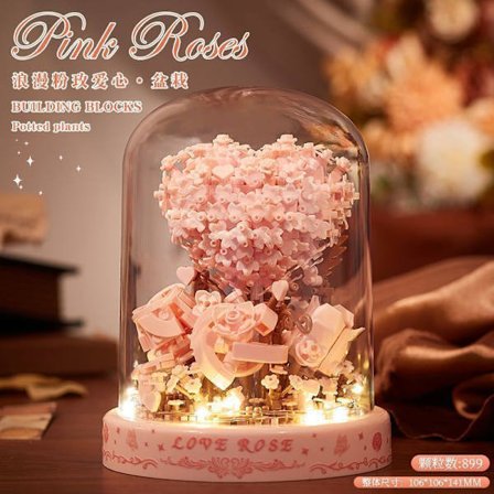 Micro Brick Evigt Blomstersæt | Mini Buket Byggesæt med Gaveæske & Støvdække | Dekorativ Blomstermodel *Møde med Roser* Ambient Belysning