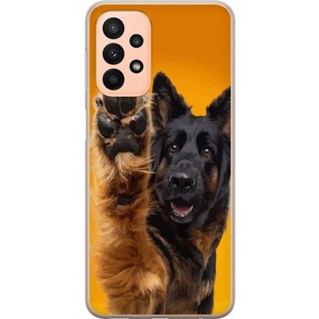 Kompatibelt Mobilskal till Samsung Samsung Galaxy A23 Glad hund vinkar med tassen charmigt djurporträtt på gul bakgrund perfekt för hundälskare