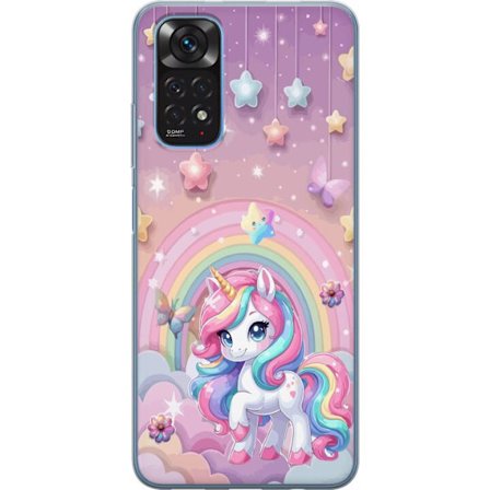 Kompatibel Mobilcover til Xiaomi Redmi Note 11 Magisk enhjørning med regnbue manke, stjerner og sommerfugle mod en pastelfarvet himmel med skyer