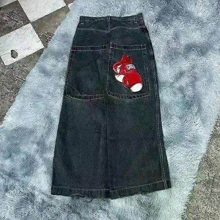 Retro gotiske jeans med høy midje for menn og kvinner Y2k Baggy Svarte Harajuku Hip Hop-mønstre Broderte blå denim bukser Jeans med vide ben