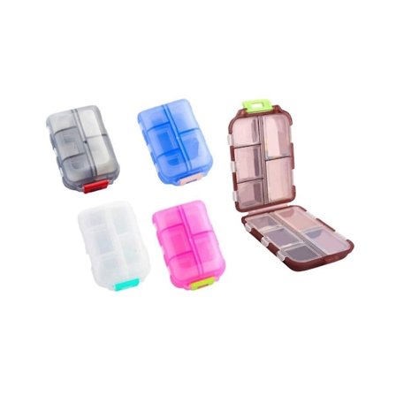 Pakke med 5 reisepillebokser med etiketter, medisinboks syv - 10 rom, liten pilleboks for lomme