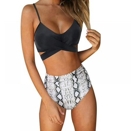Badedrakter for kvinner todelt badedrakt BH-topp med høytlivsbukse Wrap Bikinisett, svart og hvitt L-størrelse