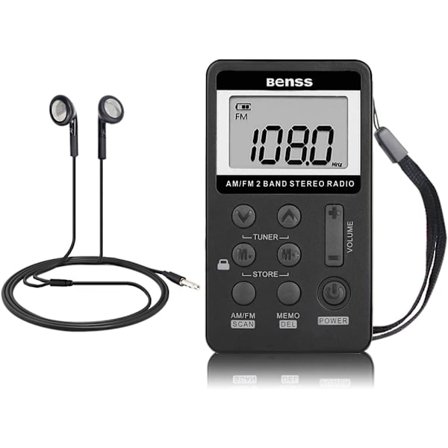 Mini Bärbar Radio AM FM Pocket Radio 2 Band Stereo Radio Mini DSP Digital Tuning mottagare med LCD-skärm Uppladdningsbart batteri och headset (svart)