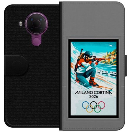 Kompatibelt Lommeboketui til Nokia 5.4 Retroplakat Cortina Milano 2026 med fjell, vintersportsutøvere, italienske trikolor, Milano-katedralen og olymp