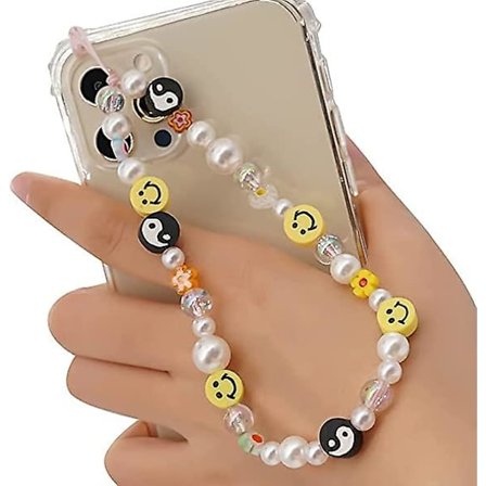 Smiley Face Pärlad Telefon Charm Rem, Fashion Telefon Lanyard handledsrem, Anti-förlorad Kristall Pärlad Lanyard
