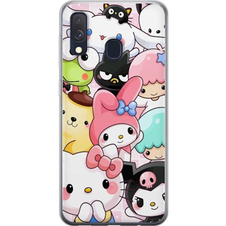 Kompatibelt Mobildeksel til Samsung Galaxy A40 Tett mønster av søte figurer med store øyne i ulike farger og uttrykk med LABUBU-tekst
