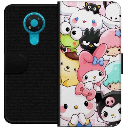 Kompatibel Tegnebogsetui til Nokia 3.4 Tæt mønster af søde figurer med store øjne i forskellige farver og udtryk med LABUBU-tekst