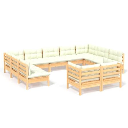 Vidaxl Loungegrupp Med Gräddvita Dynor 11 Delar Massiv Furu Creme
