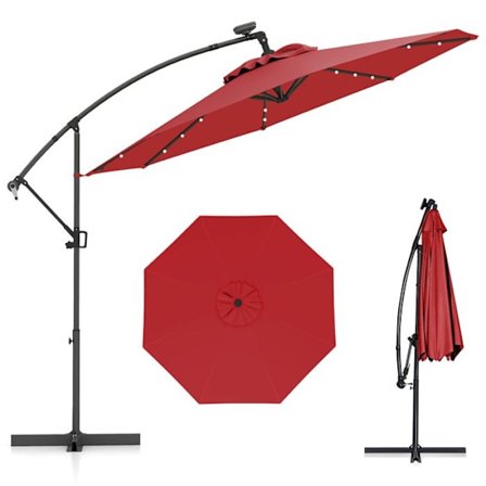 Parasol Deporter φ300 x 245cm - COSTWAY - med 32 LED - Krydsbase - Lænet justering - Vame - 360° rotation - Rød