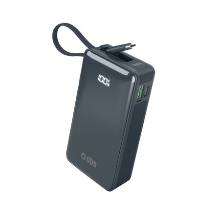 Powerbank SBS 10000 mAh 20W med inbyggd USB-C-kabel och digital display - mörkgrå