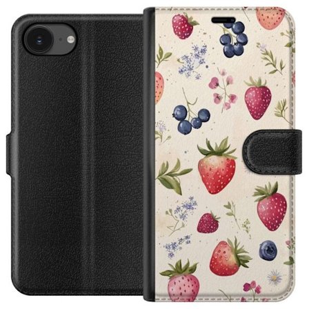Kompatibel Tegnebogsetui til Apple iPhone 16e Sommerlig bær mønster med jordbær, blåbær og blomster i akvarel stil - trendy og lys design i bløde farv