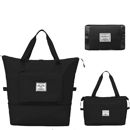 Udvidelig Foldbar Rejsetaske, Tør og Våd Adskillelse Bærbar Rejsetaske, Weekendtaske til Kvinder og Mænd (Sort)