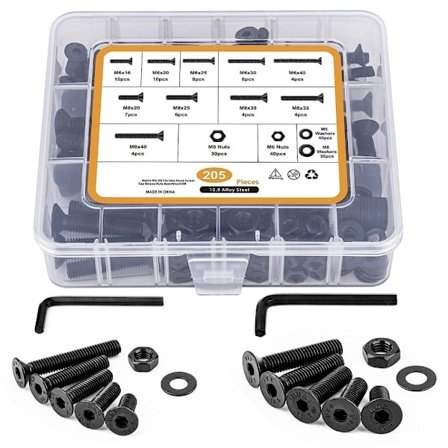 205 STK Sekskantskruer med flatt hode, bolter og muttere, skiver