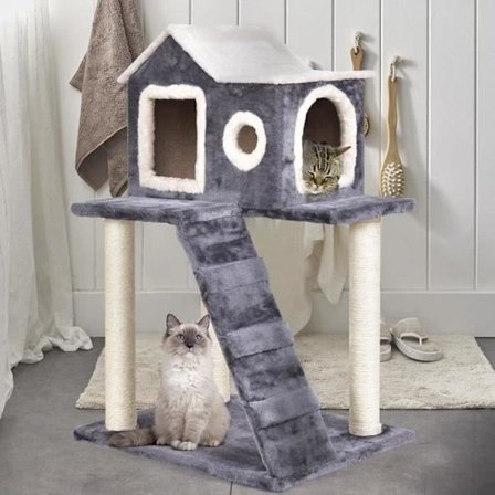 COSTWAY Cat Tree Skrapstolpe 60 x 45 x 88CM Aktivitetscentrum Grotthus Nischer Förstärkta kolumner Stege Mörkgrå