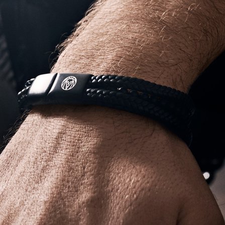 Pulsera de cuero y ágata negra esmerilada Naxos para hombres - Pulseras de perlas