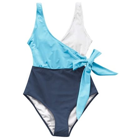 Naisten Yksivärinen Uimapuvut Kääre Värilohko Solmio Sivu Uimapuvut (Valkoinen tummansininen vaaleansininen väriyhdistelmä) XL