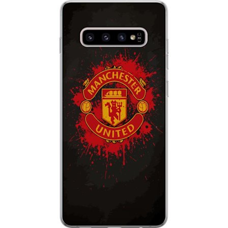 Kompatibelt Mobildeksel til Samsung Samsung Galaxy S10+ Manchester United logo i rød og gul farge med røff sportslig bakgrunn
