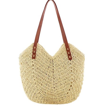 Hulevævet strandtaske til kvinder, boheme håndvævede skuldertasker, kurvetaske, stråtaske, raffiataske, sommerstråtaske med lynlås og læder