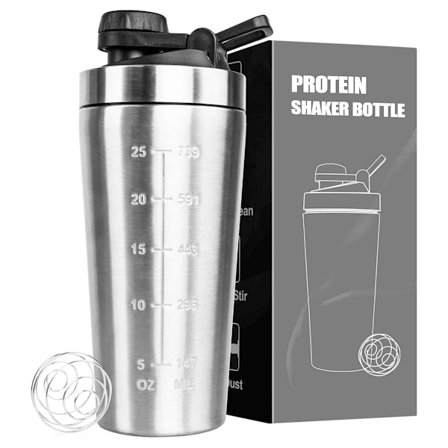 Rostfri proteinshaker 900 ml - proteinshaker - med kula, används för sport, fitness, fitness, protein och protein (rostfritt stål)