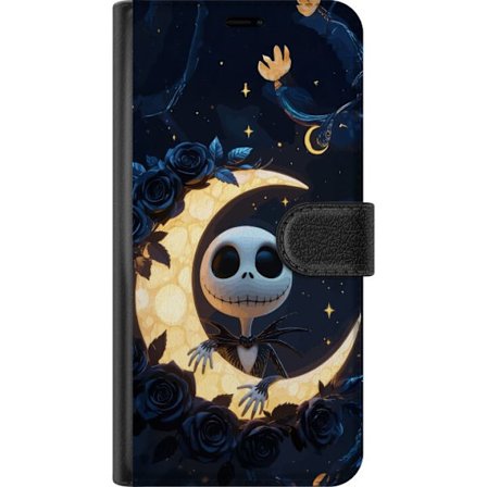 Xiaomi Redmi A3 Tegnebogsetui Moonlight Skeleton motiv med skeletfigur som sidder på lysende måne mellem stjerner og mørke roser