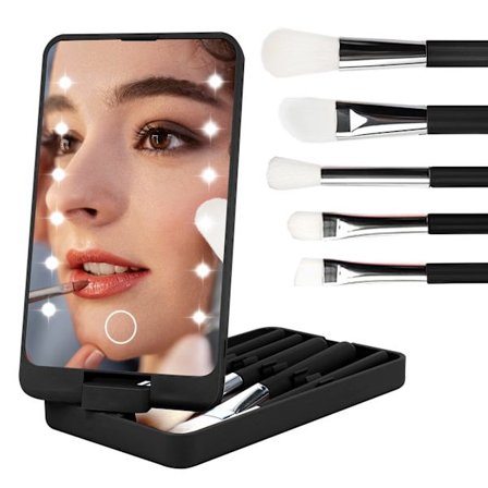 Forfængelighedsspejl med lys, bærbar toiletbord makeup spejl med 12 LED-lys og 5 stk børste 360° justerbar touch screen belyst bord spejl