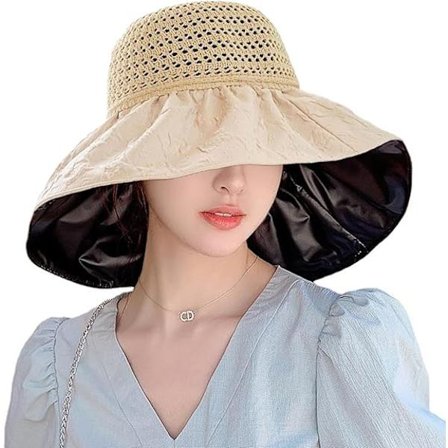 Solhatt for kvinner, bredbremmet, super solbeskyttelse, solhatt med svart gummi, UV-beskyttelse, sammenleggbar, justerbar