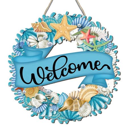 Træskilt med kysttema og velkomstbesked med søstjerner og muslingeskaller - Dørdekoration til dimissionsfester, velkomstplade med strandtema