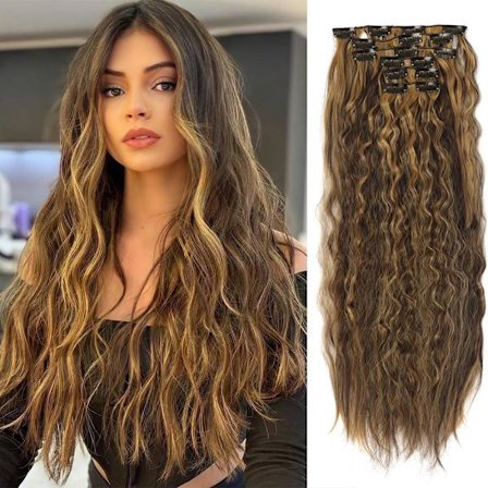 Syntetisk lockigt klipp i hårförlängning 6 st 16 klipp Natural Wave Brown Highlight Hårstycke Corn Wave Hår för kvinnor