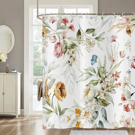 Blommor Dusjforheng 180x200, Akvarell Fargerike Blomster Planter Sommerfugl Villblomster Vanntett Badeforheng Vaskbart Polyesterstoff Badeforheng