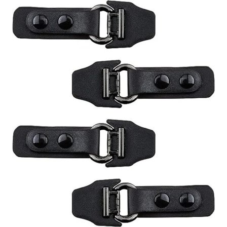 Set med 4 par svarta metallspännen i läder för kläder, sömnad