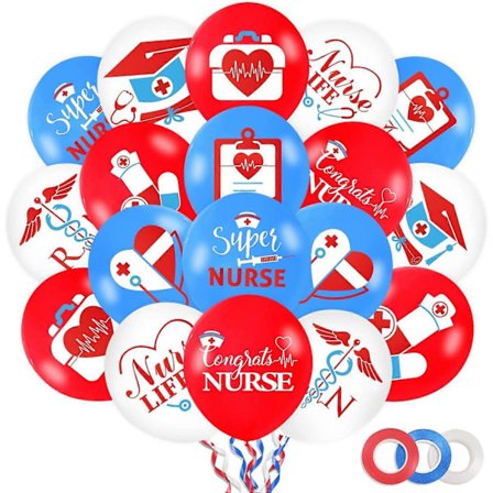 54 stk. Sygeplejerske Balloner Sygeplejerske Fest Dekoration med 3 ruller Bånd Rød Blå Hvid JCE