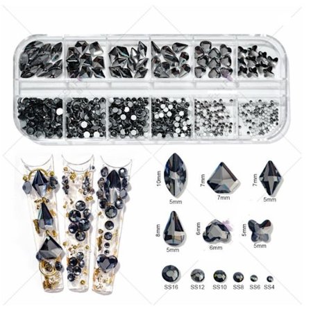 1 Esker Svarte Negl Rhinestones med Fine Glitter Kit, Assorterte former Negl Edelstener med S4-S16 Flatback Rund St