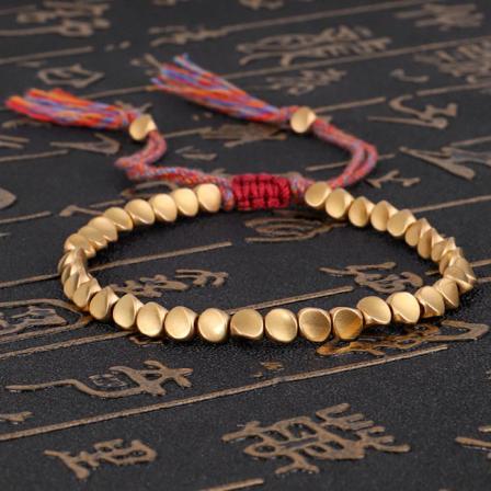 Håndlaget tibetansk kobberperlearmbånd, buddhistisk vevd bomullstau-bærearmbånd, beskytter lykke til vellykket amulett
