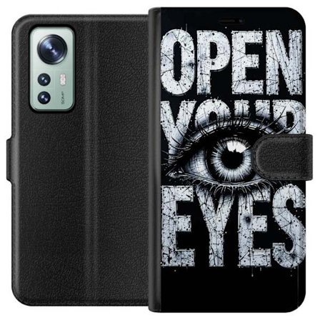 Kompatibelt Lommeboketui til Xiaomi Xiaomi 12 Mørk typografisk illustrasjon med øye og teksten Open Your Eyes, sterk kontrast og rå kunstnerisk gat